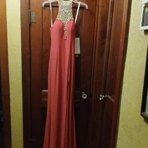 Rachel Allan Coral Backless Gown with Gold Accents